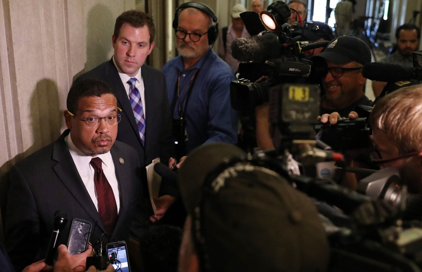 Democratic U.S. Rep. Keith Ellison spoke to journalists after filing to run for Minnesota attorney general. ] ANTHONY SOUFFLE &#xef; anthony.souffle@startribune.com Candidates rushed to add their names to the races before the 5 p.m. Tuesday, June 5, 2018 deadline for filing to Minnesota's August primary ballot at the Minnesota Secretary of State's Office in St. Paul, Minn. With Lori Swanson out of AG and into governor's race, there could yet be more big last entries to some of the top races.