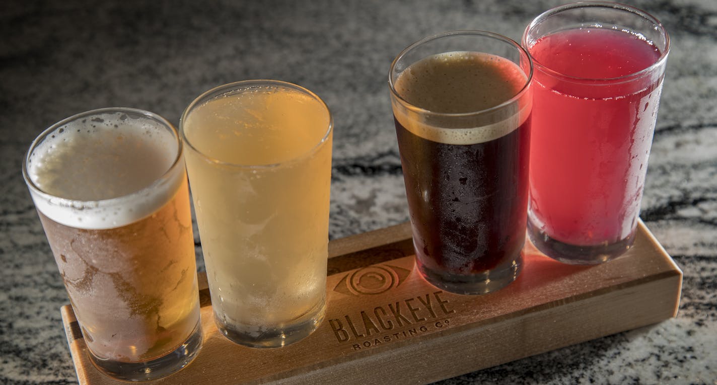 From left, Nitro Black Iced Tea, Prohibition White Elephant Kombucha, Nitro Cold Brew and Nitro Hibiscus Berry Rose Iced Tea at Blackeye Roasting Co.