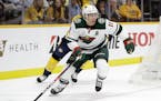 Minnesota Wild left wing Zach Parise (11) plays against the Nashville Predators in the first period of an NHL hockey game Thursday, Oct. 3, 2019, in N