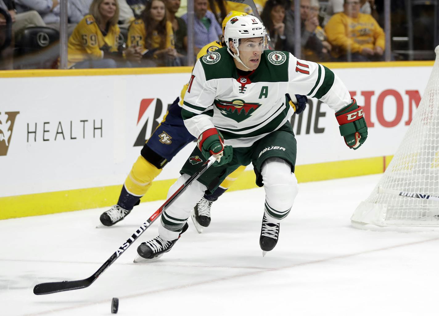 Minnesota Wild left wing Zach Parise (11) plays against the Nashville Predators in the first period of an NHL hockey game Thursday, Oct. 3, 2019, in Nashville, Tenn. (AP Photo/Mark Humphrey)