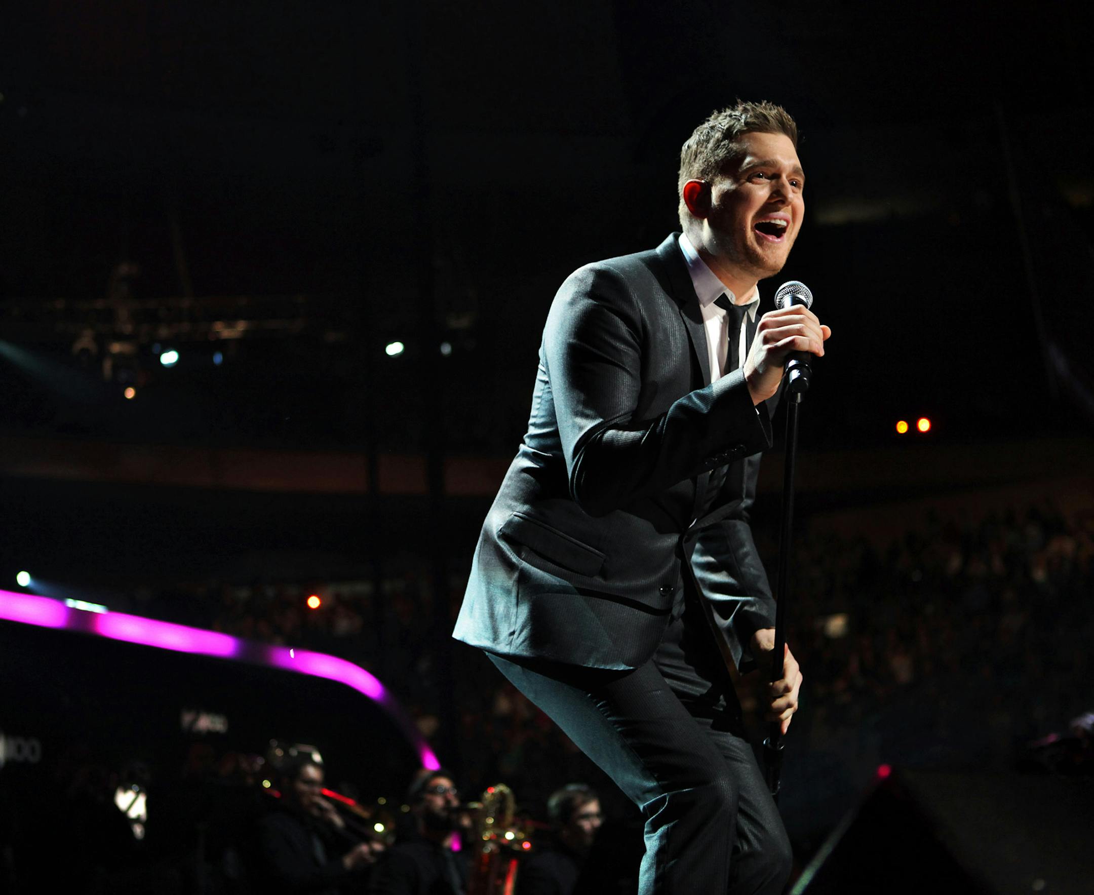 Michael Buble performs at Madison Square Garden in New York, Dec. 10, 2010. Justin Bieber, Katy Perry and Enrique Iglesias were among some of the top artists that turned out for the Z100 Jingle Ball, a Christmas special at the garden. (Richard Perry/The New York Times) ORG XMIT: XNYT18