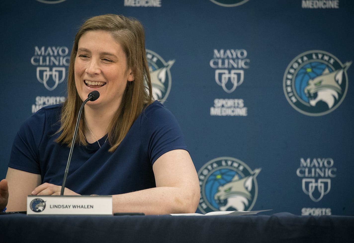 Lindsay Whalen enjoyed a lighter moment as the Lynx point guard announced her WNBA retirement during a news conference at Mayo Square on Monday.