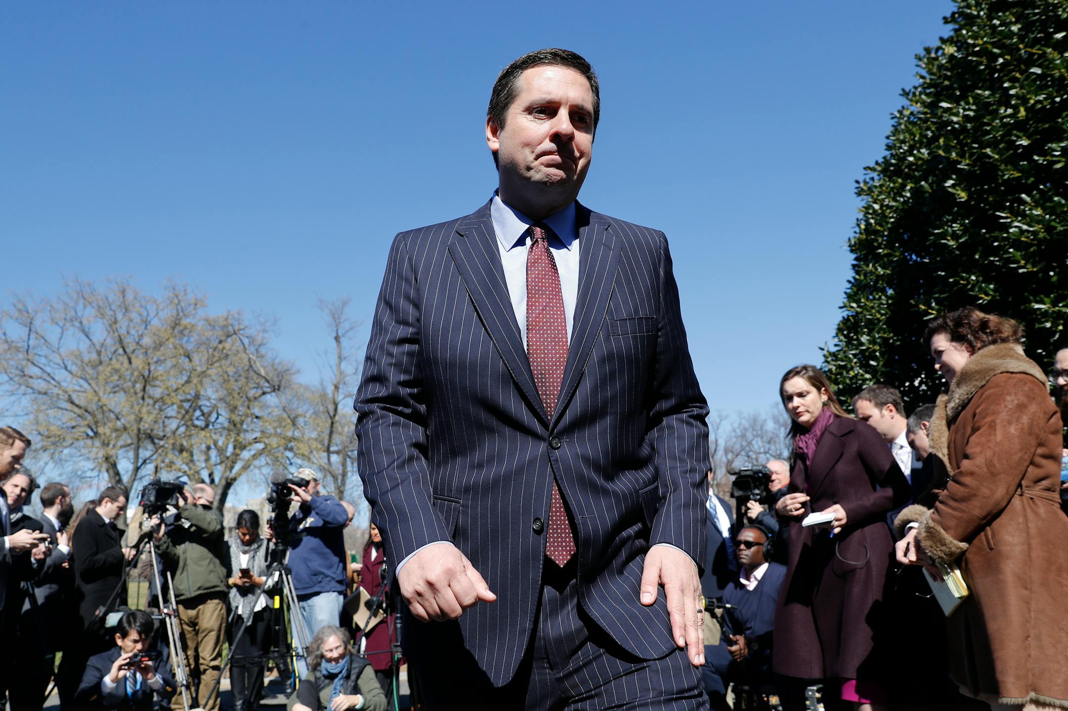 House Intelligence Committee Chairman Rep. Devin Nunes, R-Calif., leaves after speaking with reporters outside the White House in Washington, Wednesday, March 22, 2017, following a meeting with President Donald Trump. (AP Photo/Pablo Martinez Monsivais)