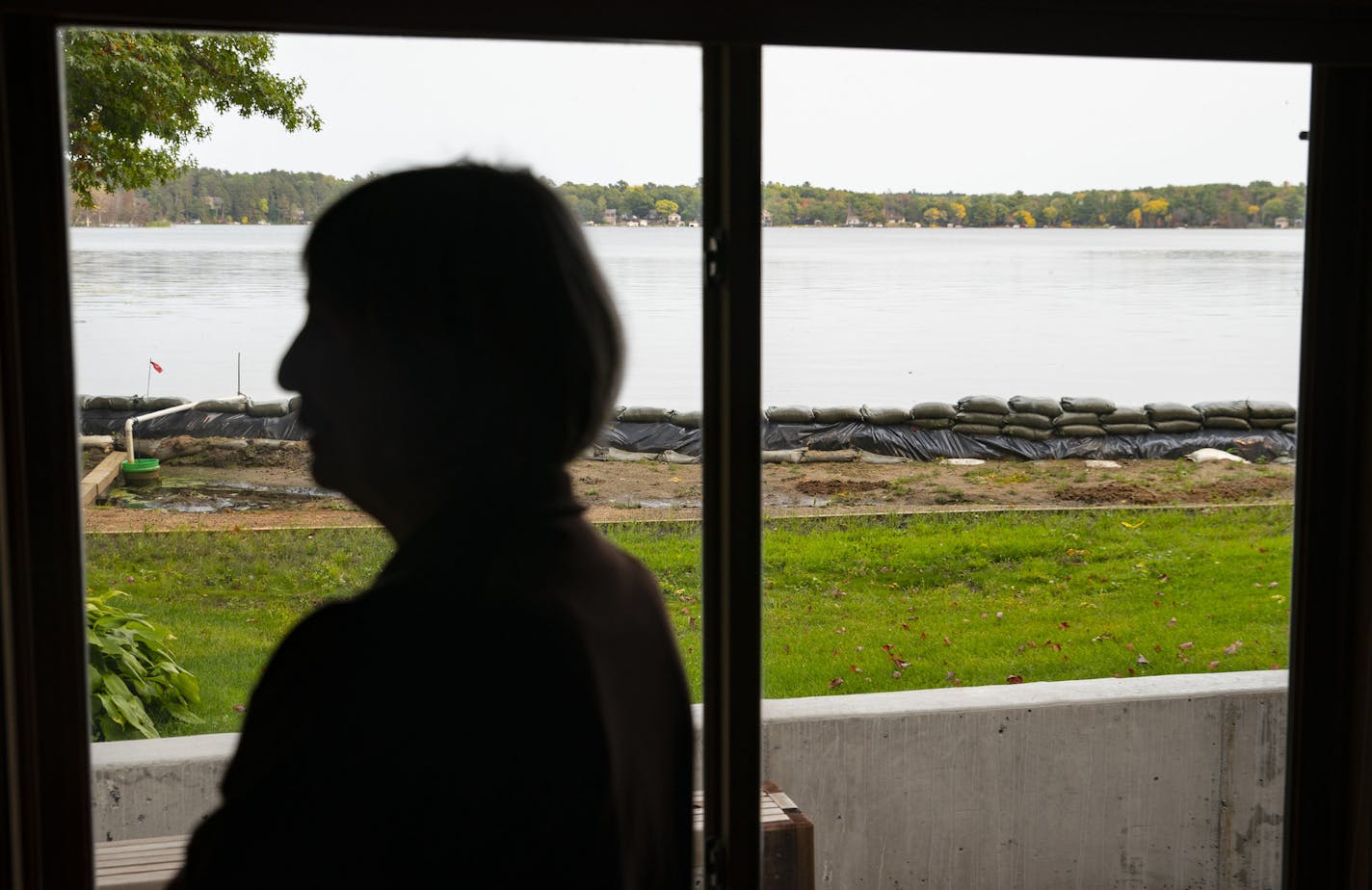 Cheryl Koll is in the basement of her home on Lake Shamineau. A sandbag wall and concrete wall, part of the effort to save the home of 50 years, can be seen outside the window.