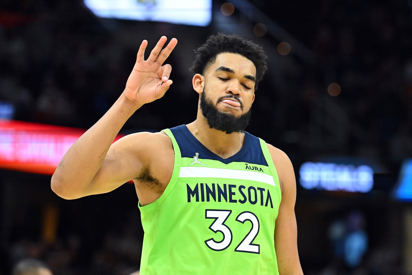 Karl-Anthony Towns (32) of the Minnesota Timberwolves celebrates after scoring during the fourth quarter against the Cleveland Cavaliers at Rocket Mortgage Fieldhouse on February 28, 2022, in Cleveland, Ohio. The Timberwolves defeated the Cavaliers 127-122. (Jason Miller/Getty Images/TNS) ORG XMIT: 41418509W