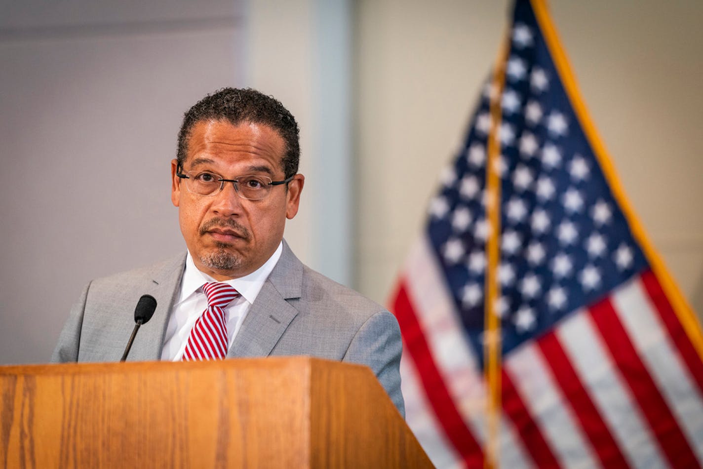 Minnesota Attorney General Keith Ellison speaks during a news conference at the Minnesota Department of Revenue, on Wednesday, June 3, 2020, in St. Paul, Minn. (Leila Navidi/Minneapolis Star Tribune/TNS) ORG XMIT: 5127106W