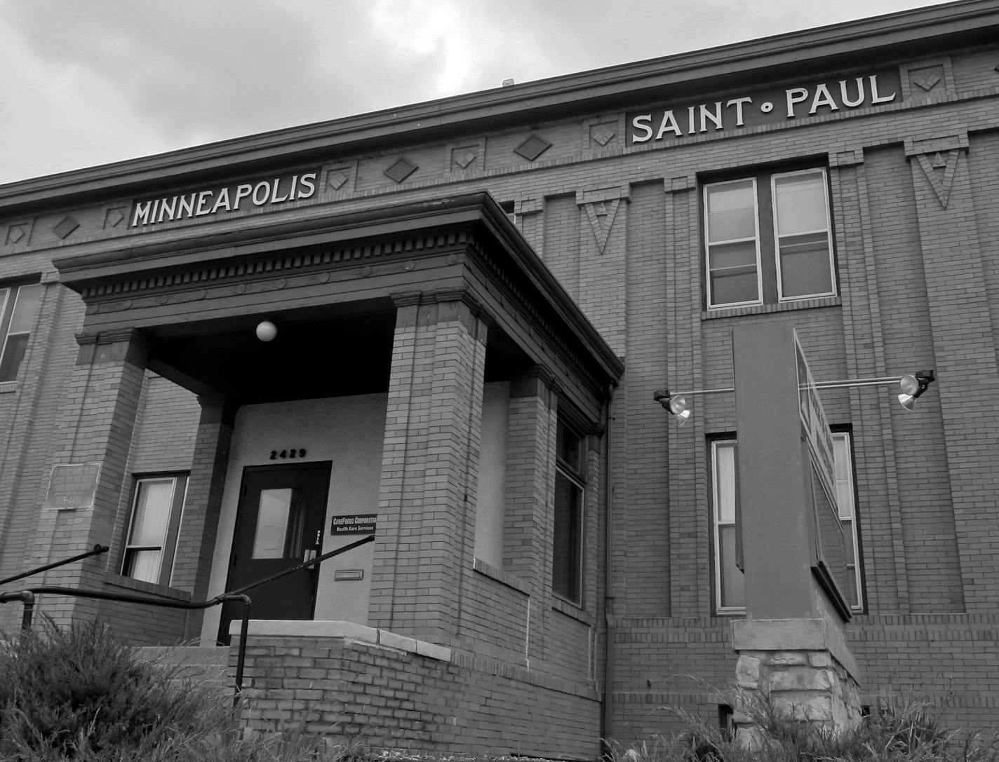 Mpls- St Paul Greenline light rail route, this building near Raymond Av and University Av marks the division between the cities. ] Tom Sweeney, May 2014