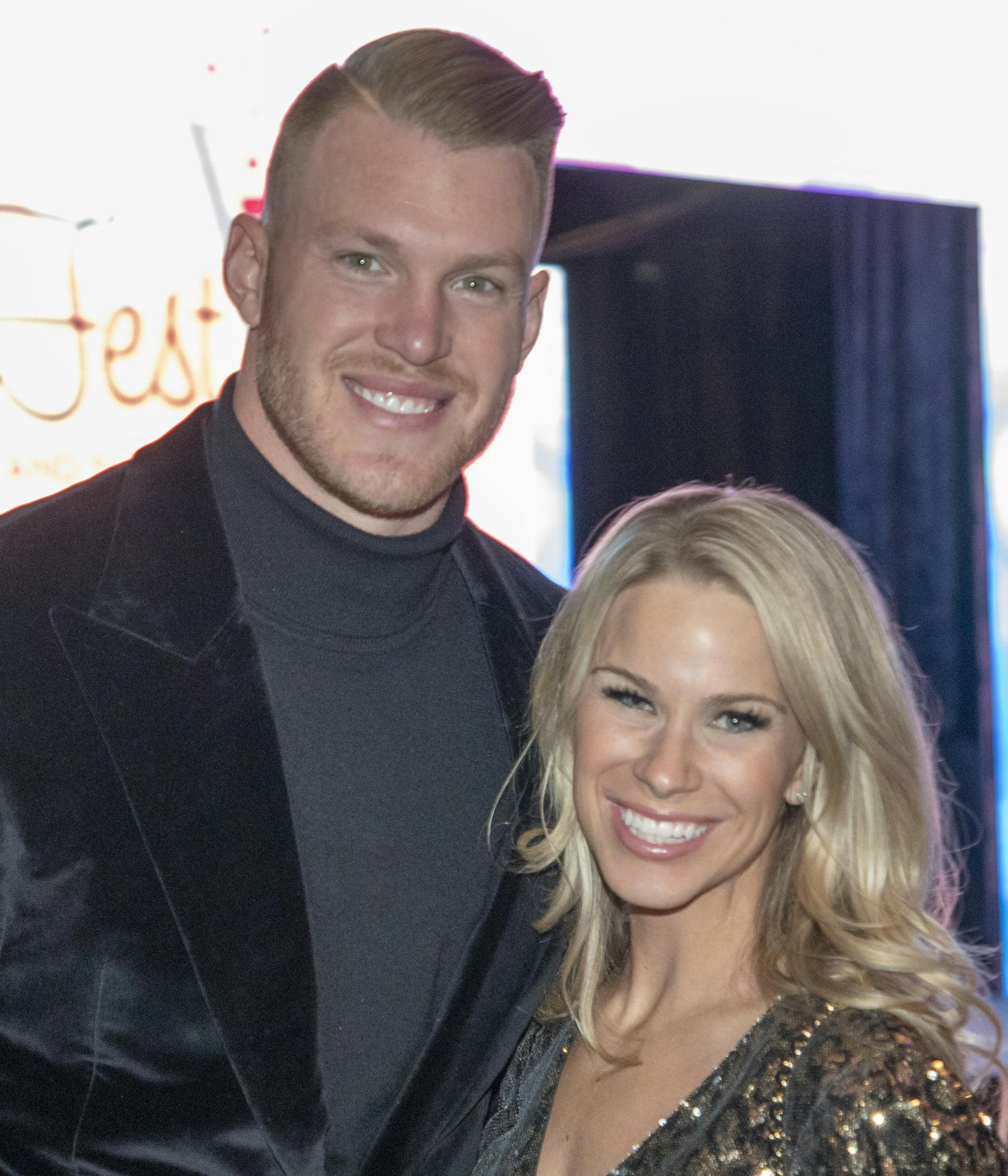 Kyle & Jordan Rudolph at the FashionFest 2019. [ Special to Star Tribune, photo by Matt Blewett, Matte B Photography, matt@mattebphoto.com, Fashionfest, Masonic Children's Hospital, University of Minnesota, Nov. 15, 2019, Minnesota, SAXO 1009874375 FACE112419 https://mnbride.com/real-weddings/jordan-kyle-minnesota-viking-kyle-rudolphs-wedding-paradise