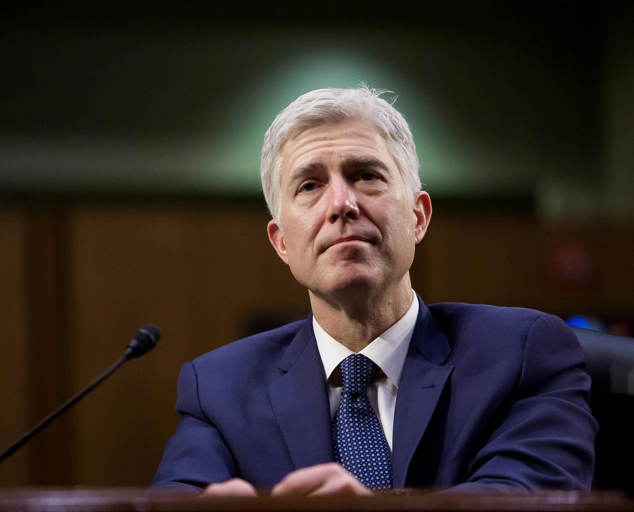 Judge Neil Gorsuch, President Trumpís nominee for the Supreme Court, while testifying on the third day of his confirmation hearing before the Senate Judiciary Committee on Capitol Hill, in Washington, March 22, 2017. (Eric Thayer/The New York Times) ORG XMIT: MIN2017032712344329