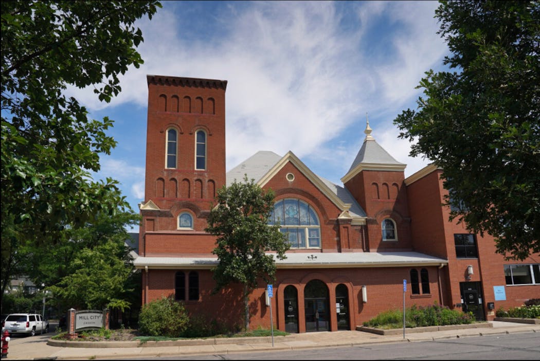 Mill City Church, at 685 13th Av. NE. The renovated entrance obscures the original design.