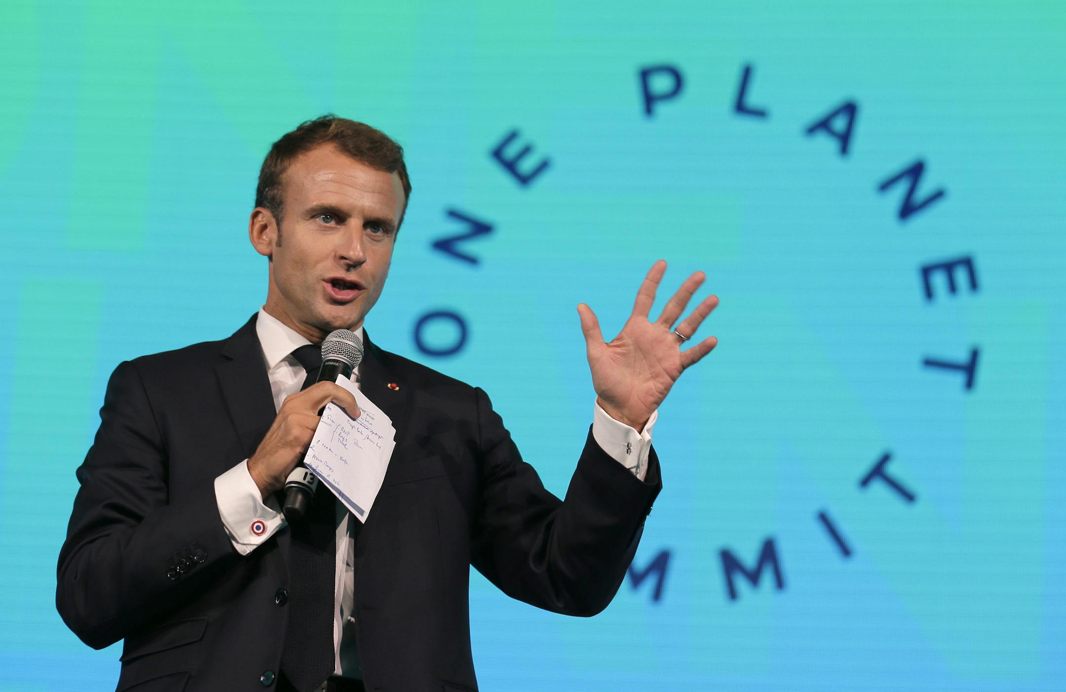 French President Emmanuel Macron speaks at the close of the One Planet Summit in New York, Wednesday, Sept. 26, 2018. (AP Photo/Seth Wenig)