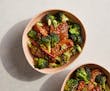 Two bowls of Stir-Fried Hoisin Pork and Broccoli, a dish from "Milk Street Simple" by Christopher Kimball.