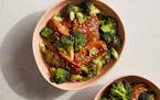 Two bowls of Stir-Fried Hoisin Pork and Broccoli, a dish from "Milk Street Simple" by Christopher Kimball.