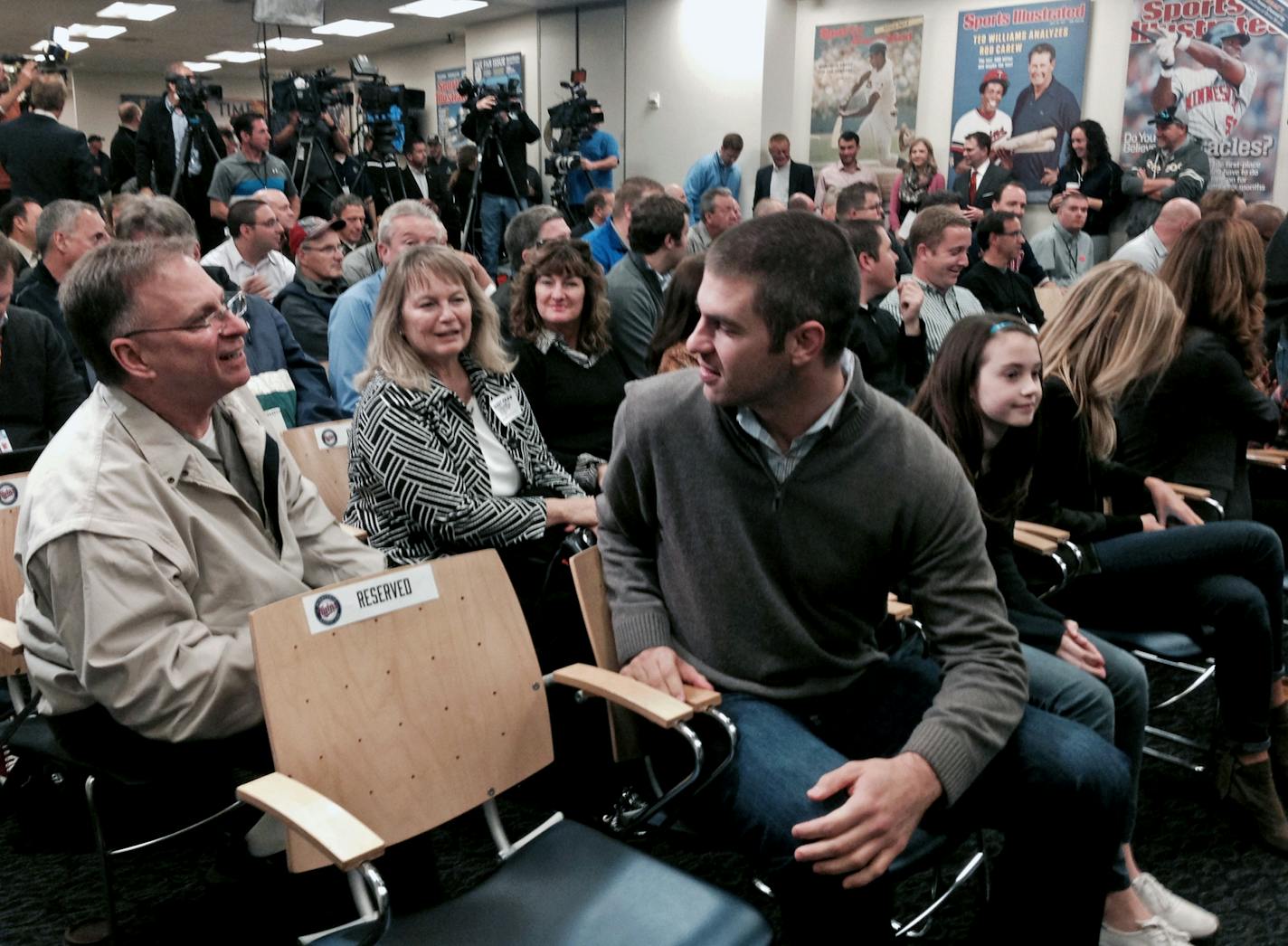 Press conference at Target Field. Twins first baseman Joe Mauer was among those in attendance. Both Mauer and new manager Paul Molitor attended Cretin-Derham Hall High School in St. Paul.