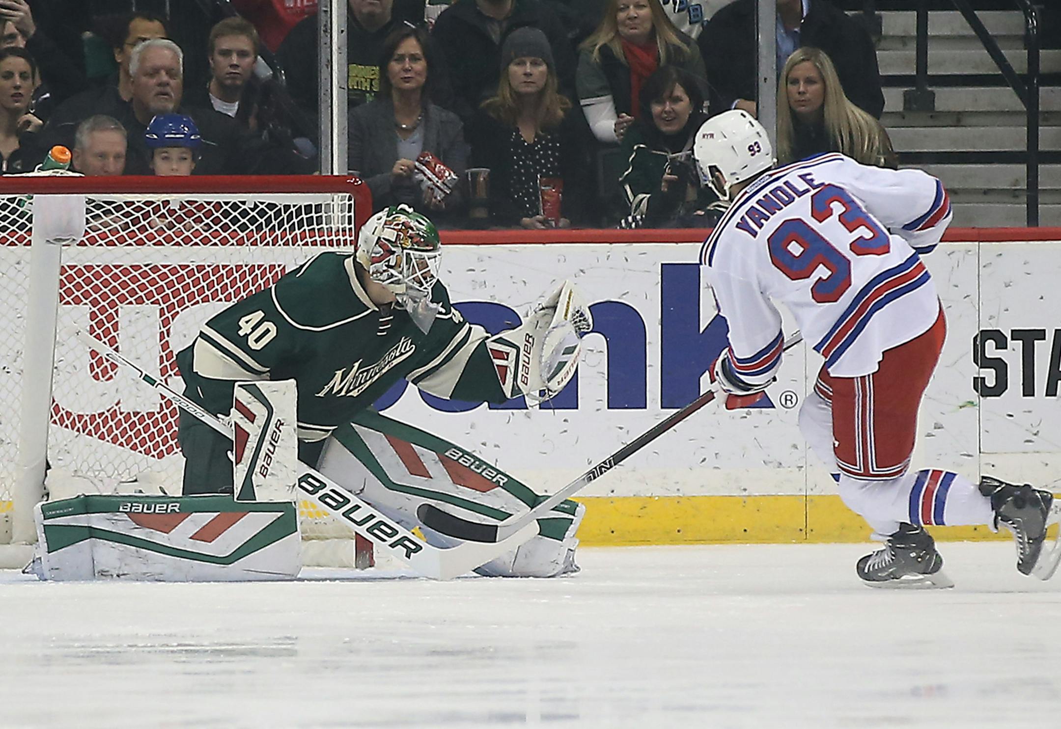 Wild goalie Devan Dubnyk made a save in the first period during a penalty shot by Rangers defenseman Keith Yandle as the Minnesota Wild took on the New York Rangers at the Xcel Energy Center, Thursday, December 17, 2015 in St. Paul, MN. ] (ELIZABETH FLORES/STAR TRIBUNE) ELIZABETH FLORES &#x2022; eflores@startribune.com