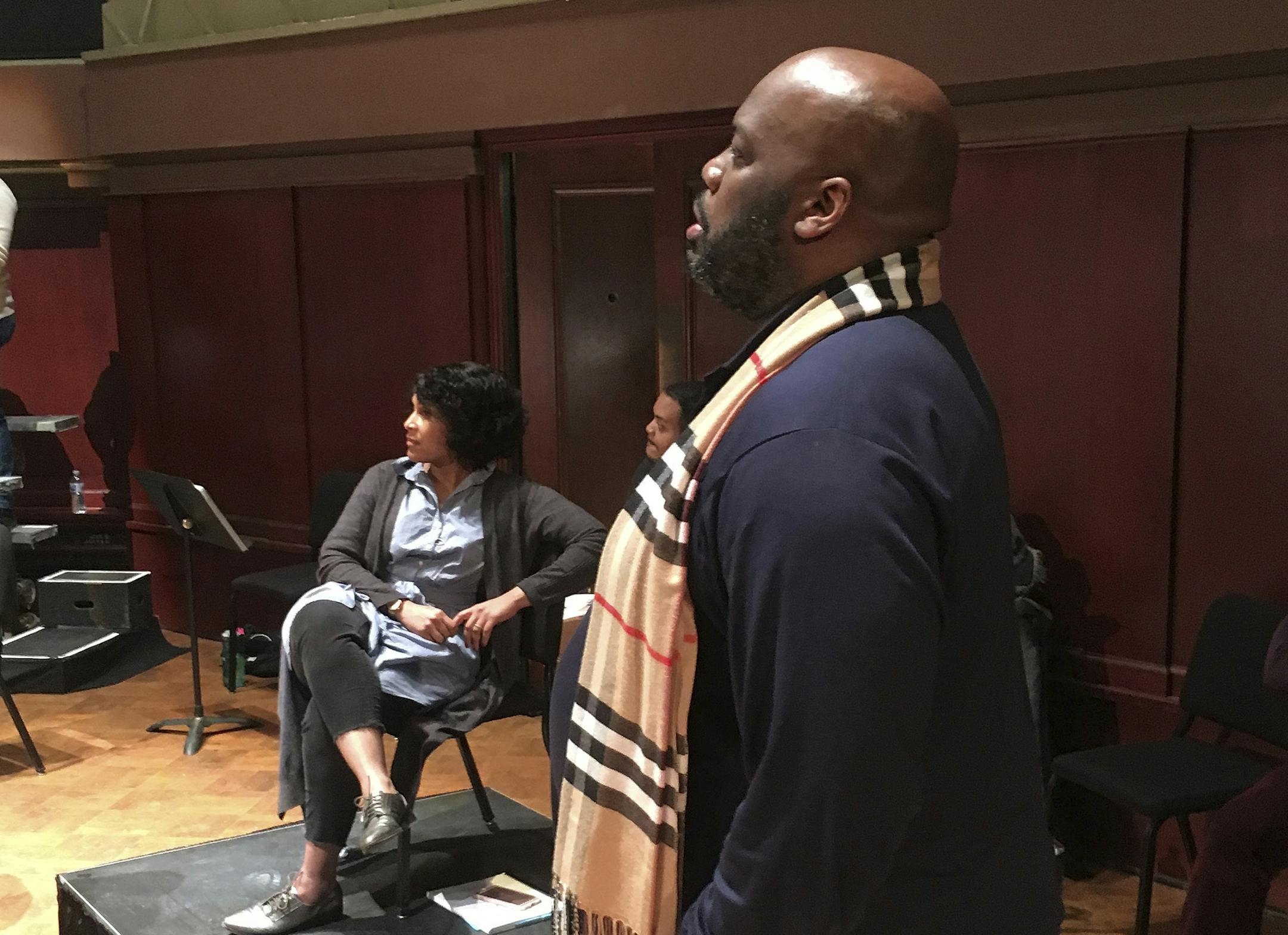 In this Feb. 13, 2018, photo, Morris Robinson, who plays Porgy, and Talise Trevigne, who plays the role of Bess, rehearse "The Gershwins' Porgy and Bess" at the University of Michigan in Ann Arbor, Mich. A restored edition of the pioneering, enduring American opera gets a test-drive Saturday, Feb. 17 in Michigan en route to a planned, official debut in 2020 by the Metropolitan Opera in New York. (AP Photo/Jeff Karoub)