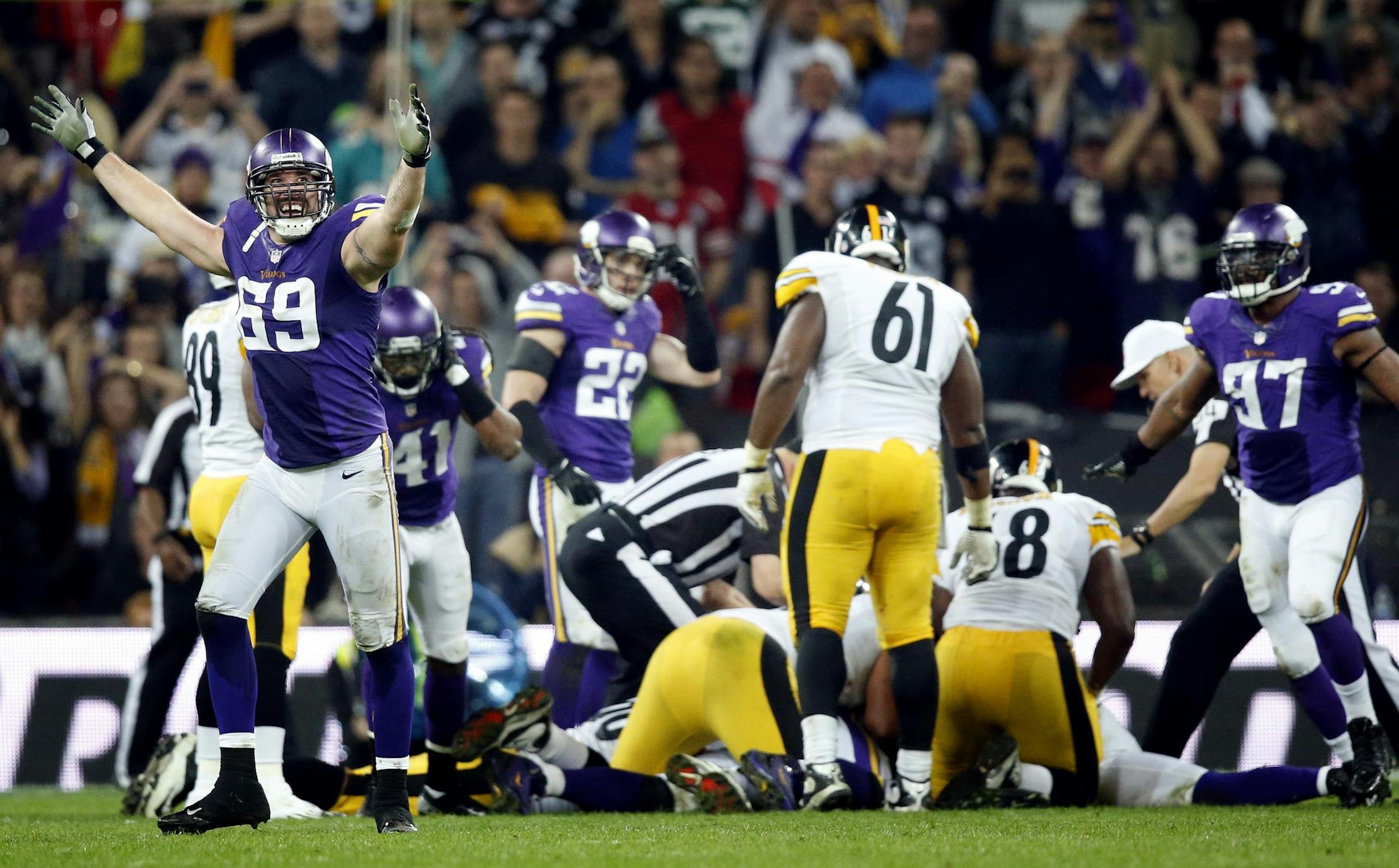Minnesota Vikings Jared Allen (69) celebrated after the defense sacked and forced Ben Roethlisberger (7) to fumble late in the game. Minnesota beat Pittsburgh by a final score of 34-27.