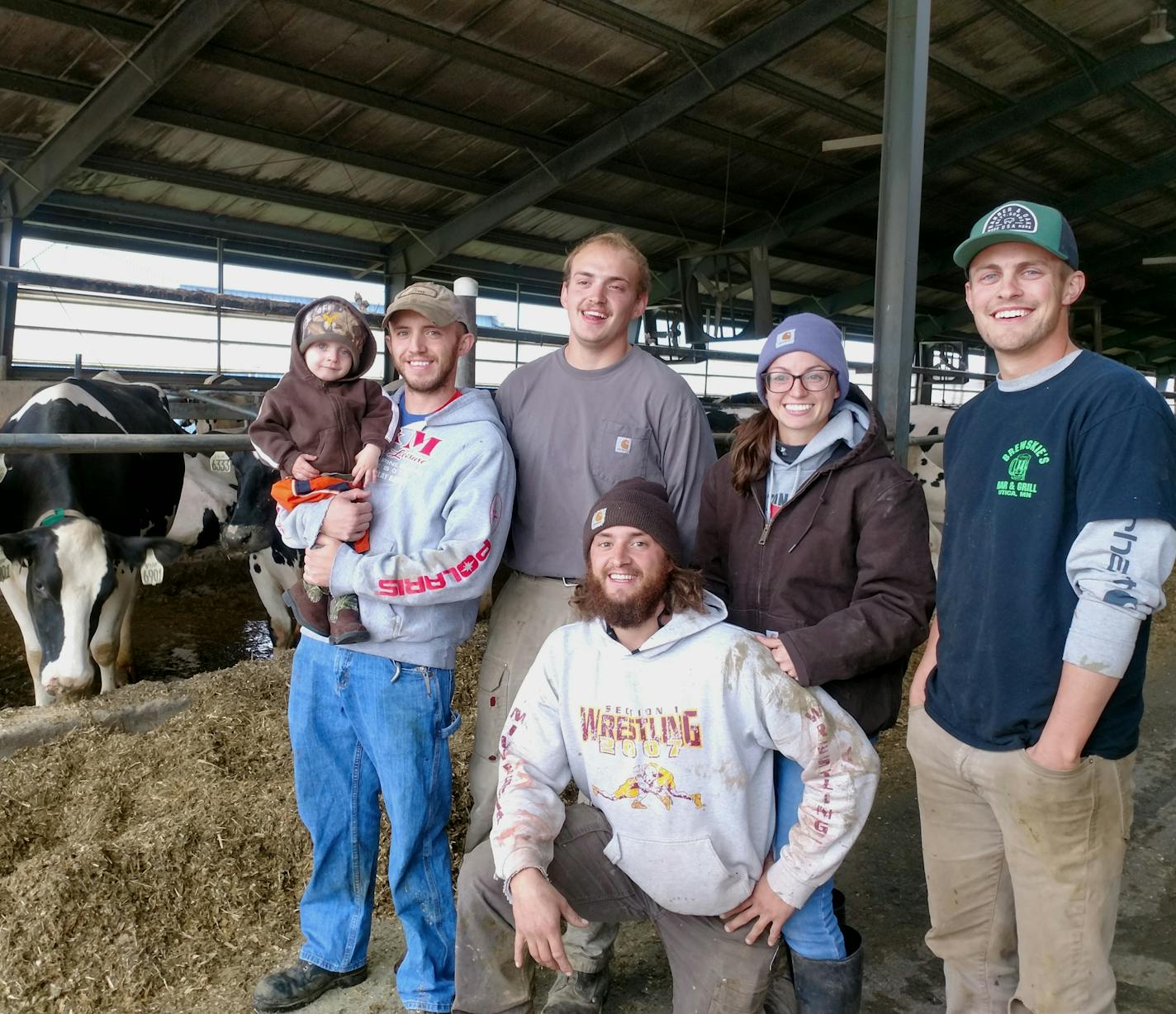 The sixth generation of the Daley family to join the family's burgeoning dairy operation: Dustin DePestel holding his son Jasper, Dominick DePestel, Sidney Greden and Gabe Daley. Kneeling: Dylan DePestel.