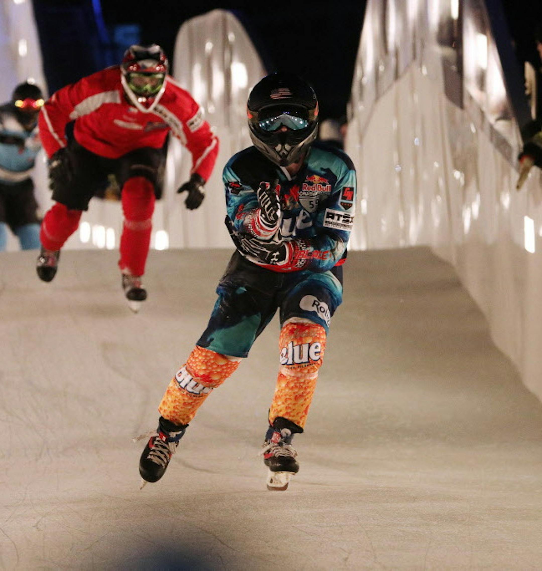 Kale Johnstone of the United States led his heat during the annual Red Bull Crashed Ice. ] ANTHONY SOUFFLE &#xef; anthony.souffle@startribune.com Scenes from opening night of the Red Bull Crashed Ice event Friday, Jan. 19, 2018 in St. Paul, Minn.
