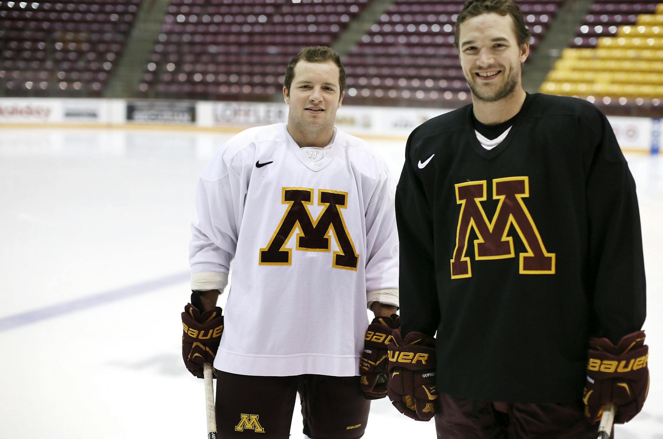 Gophers alternate captains Ben Marshall left Seth Ambroz .Gopher hockey practice featuring the freshmen on the team Wednesday October 22 , 2014 in Minneapolis ,MN. ] Jerry Holt Jerry.holt@startribune.com