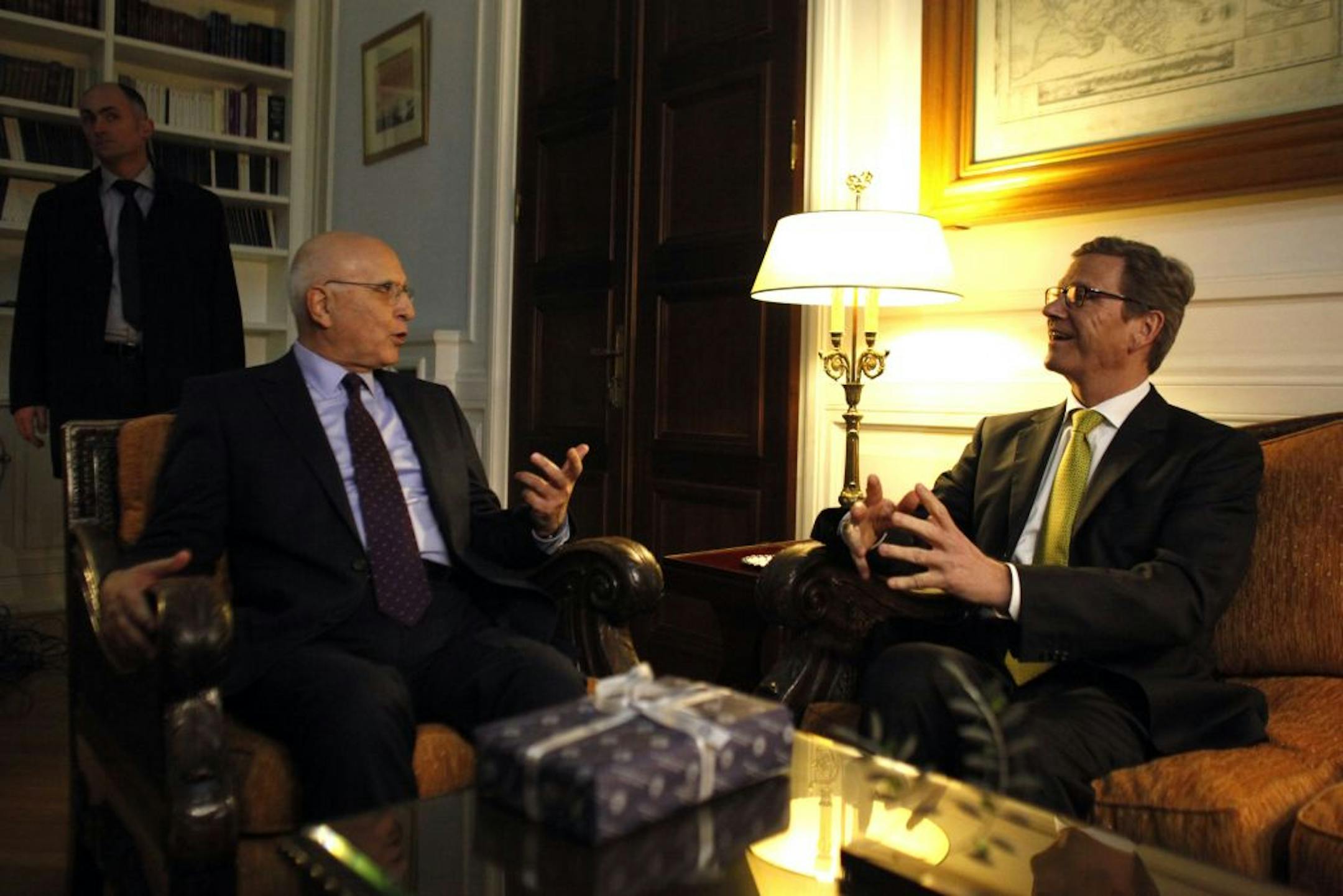 Greek Foreign Minister Stavros Dimas, left, spoke to his German counterpart, Guido Westerwelle, at a meeting in Athens on Sunday.