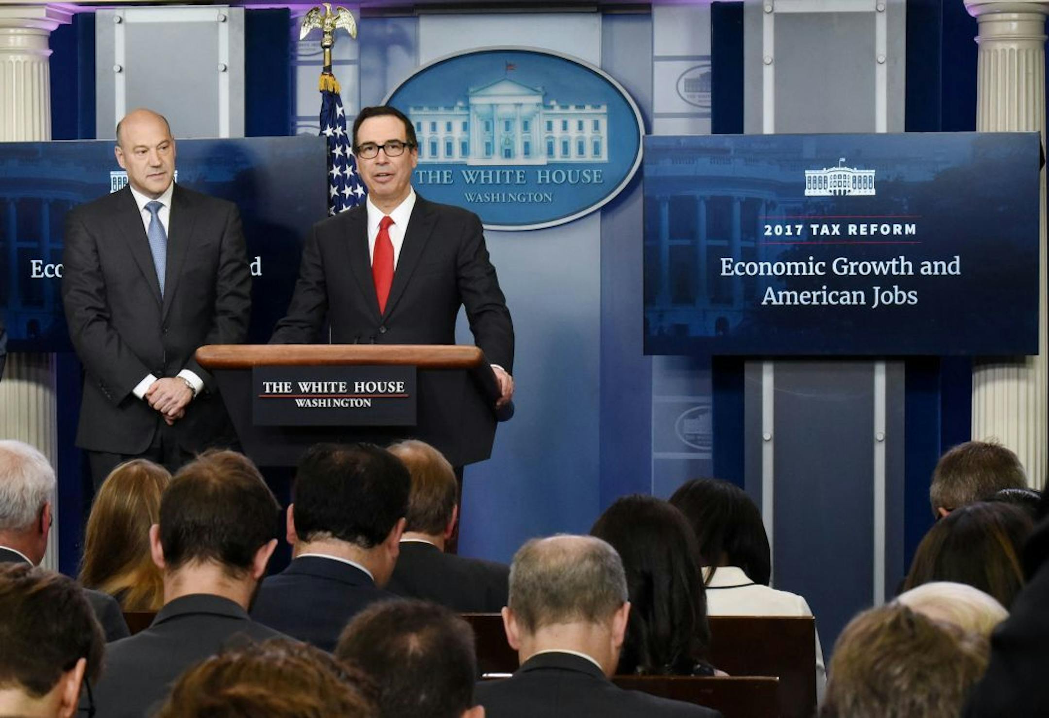 Treasury Secretary Steven Mnuchin, right, and Director of the National Economic Council Gary Cohn discuss the goals and feasibility of President Trump's tax reform plan in the Press Briefing Room of the White House on April 26, 2017, in Washington, D.C.