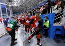 Team Canada leaves the ice after the semifinal round of the men's hockey game against Germany at the 2018 Winter Olympics in Gangneung, South Korea