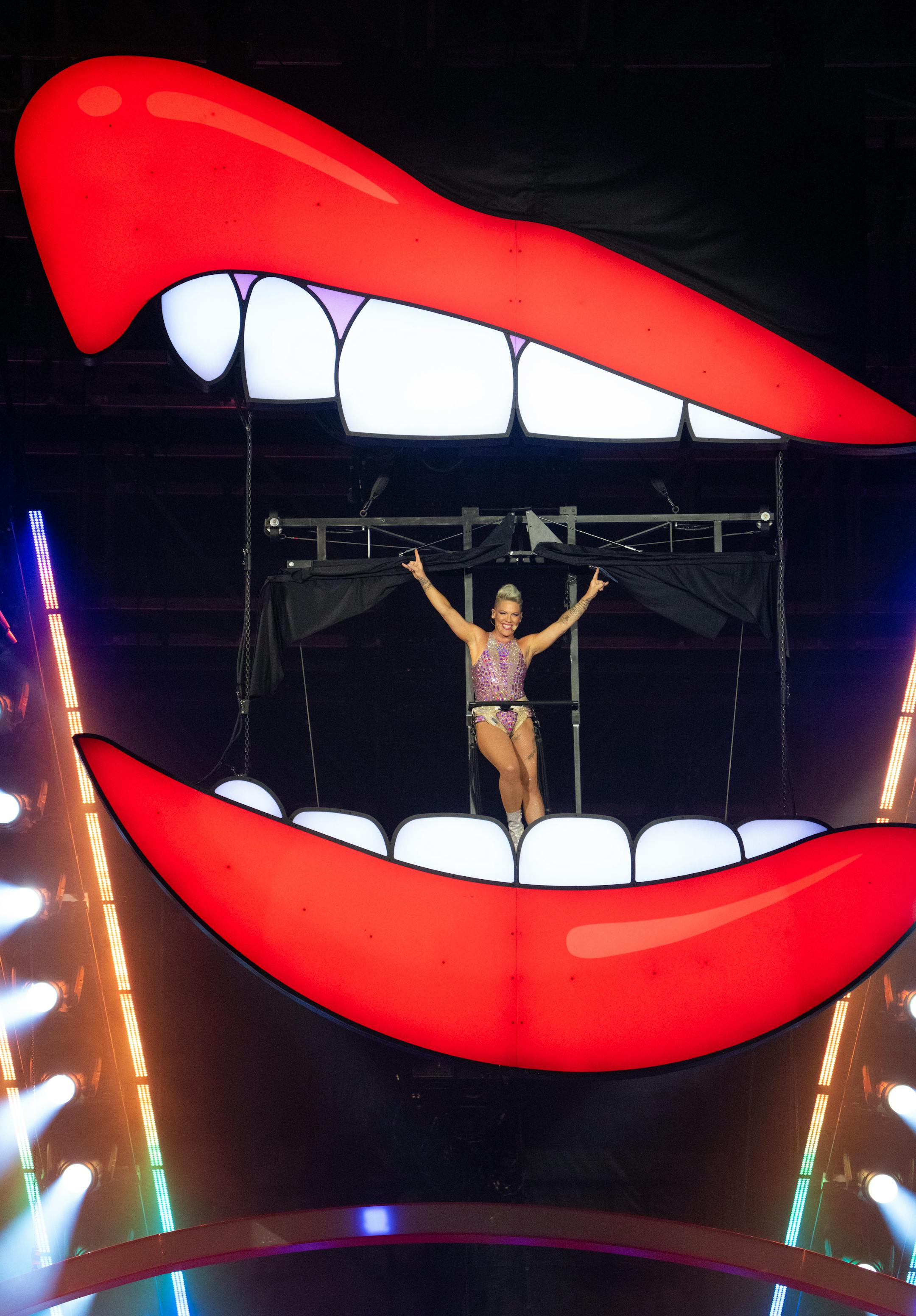Pink emerged from a giant mouth high above the stage before launching into Get the Party Started and bungee jumping down. Pink brought her Summer Carnival Tour to Target Field in Minneapolis Thursday night, August 10, 2023.