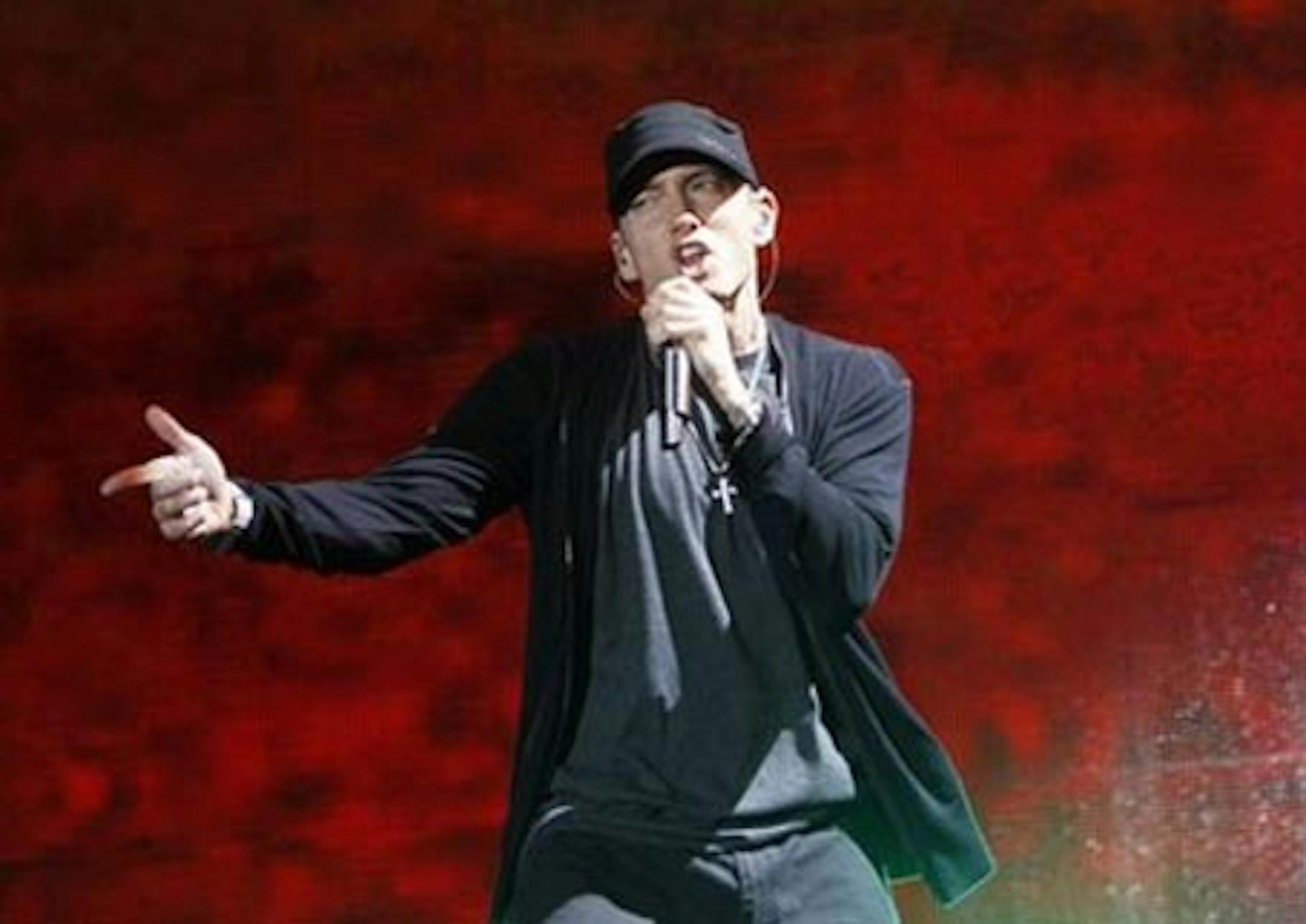 FILE - In this Sept. 13, 2010 file photo, rapper Eminem performs at Yankee Stadium in New York. (AP Photo/Jason DeCrow, file)
