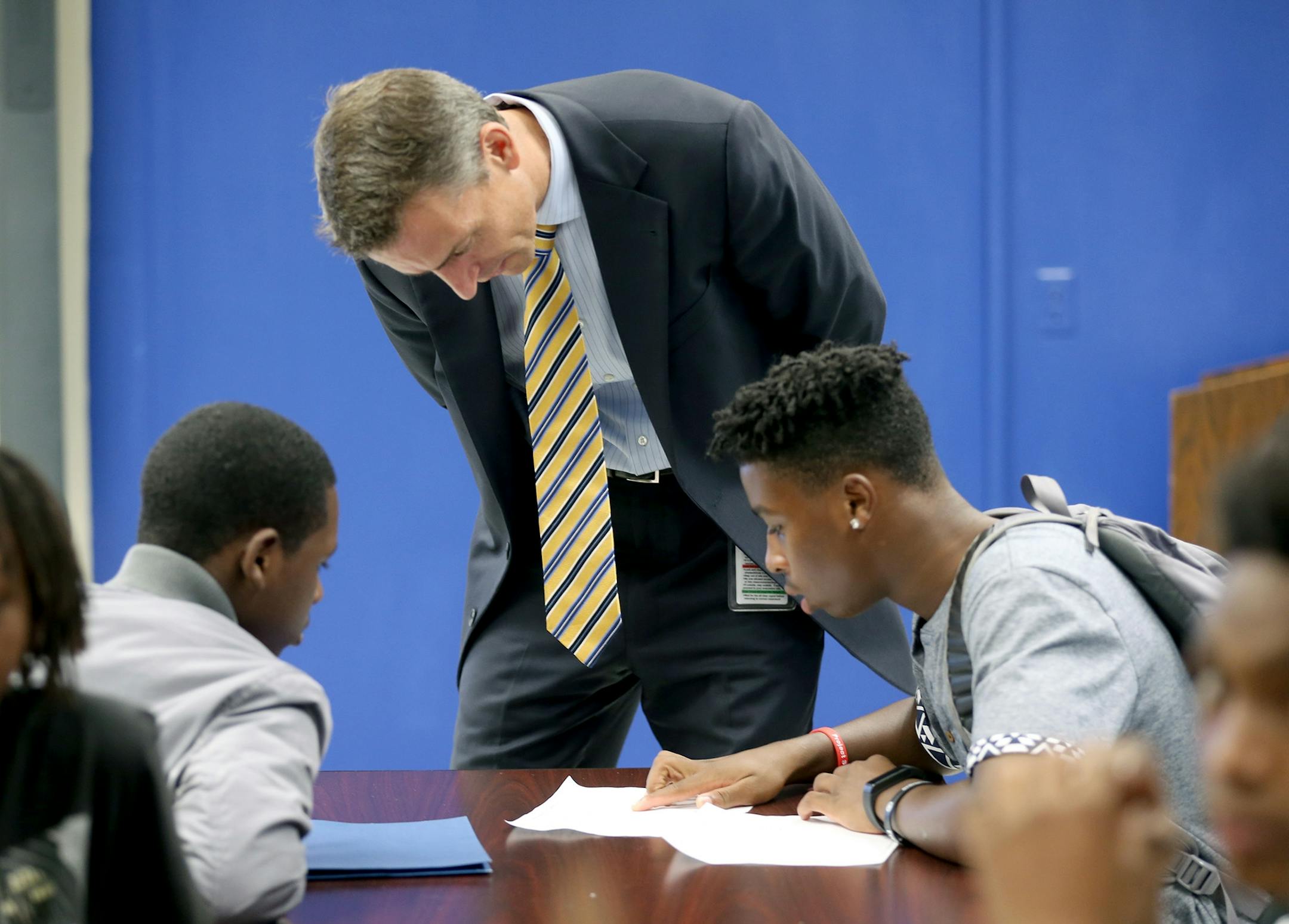 New Minneapolis Superintendent Ed Graff visited with students as he made his way to different classrooms at North High School during the first day of school Monday in Minneapolis.