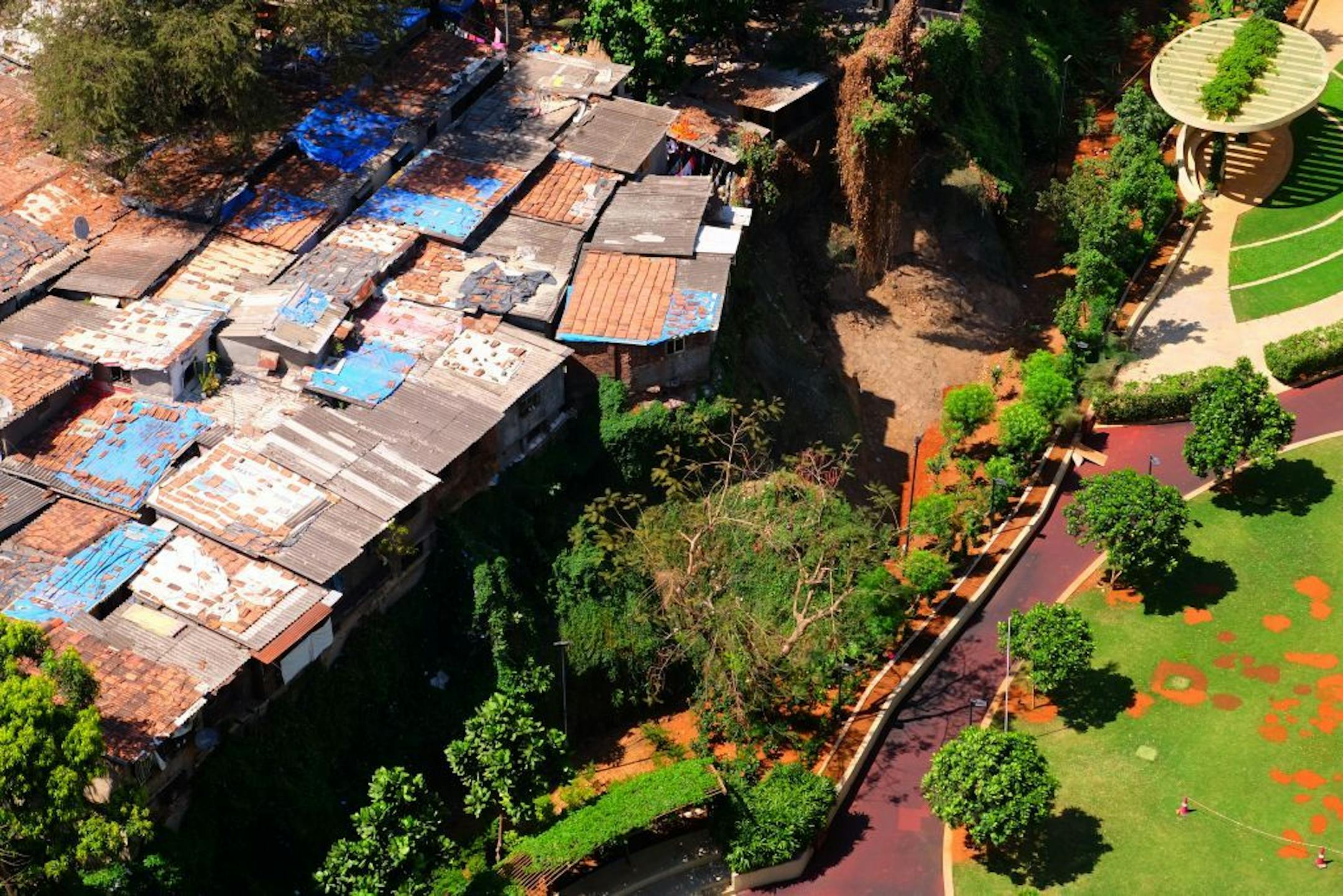 The view from a high-rise in Mumbai's Sewri area shows the stark gap between rich and poor.
