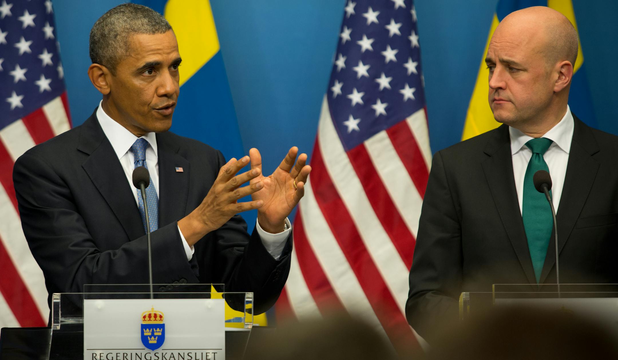 U.S. President Barack Obama with Prime Minister Fredrik Reinfeldt of Sweden during a joint news conference in Stockholm, Wednesday, Sept. 4, 2013. Obama was discussing a question on surveillance by the National Security Agency. On Thursday Obama arrives in St. Petersburg, Russia, to attend the G20 summit. (Stephen Crowley/The New York Times) 30140828A-Sept. 4, 2013, PREXY/G20--STOCKHOLM, SWEDEN-President Barack Obama discussing NSA and spying during a joint press conference with Fredrik Reinholt
