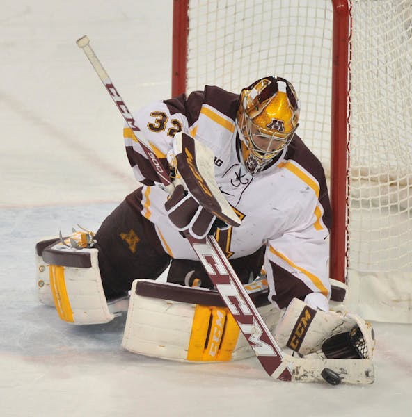 SPECIAL TO THE MINNEAPOLIS STAR TRIBUNE--Minnesota goalie Adam Wilcox makes a stop during action in the Minnesota Minnesota Duluth college hockey game
