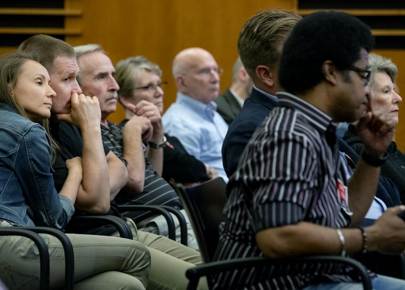 Edina residents listened to a discussion about a proposed development during a city council meeting on Tuesday. ] CARLOS GONZALEZ &#xef; cgonzalez@startribune.com &#xf1; June 5, 2018, Edina, MN, The Edina City Council is voting on a mixed-use residential project in the Southdale Center that has drawn considerable ire from the surrounding neighborhoods for its height and density.