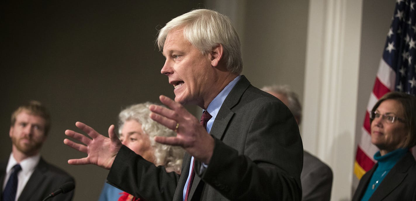 House Minority Leader Paul Thissen, center, joined by outstate DFL leaders, outlines their "Greater Minnesota for All" agenda during a press conference at the State Office building in St. Paul on Tuesday, January 19, 2016. ] (Leila Navidi/Star Tribune) leila.navidi@startribune.com ORG XMIT: MIN1601191144030020