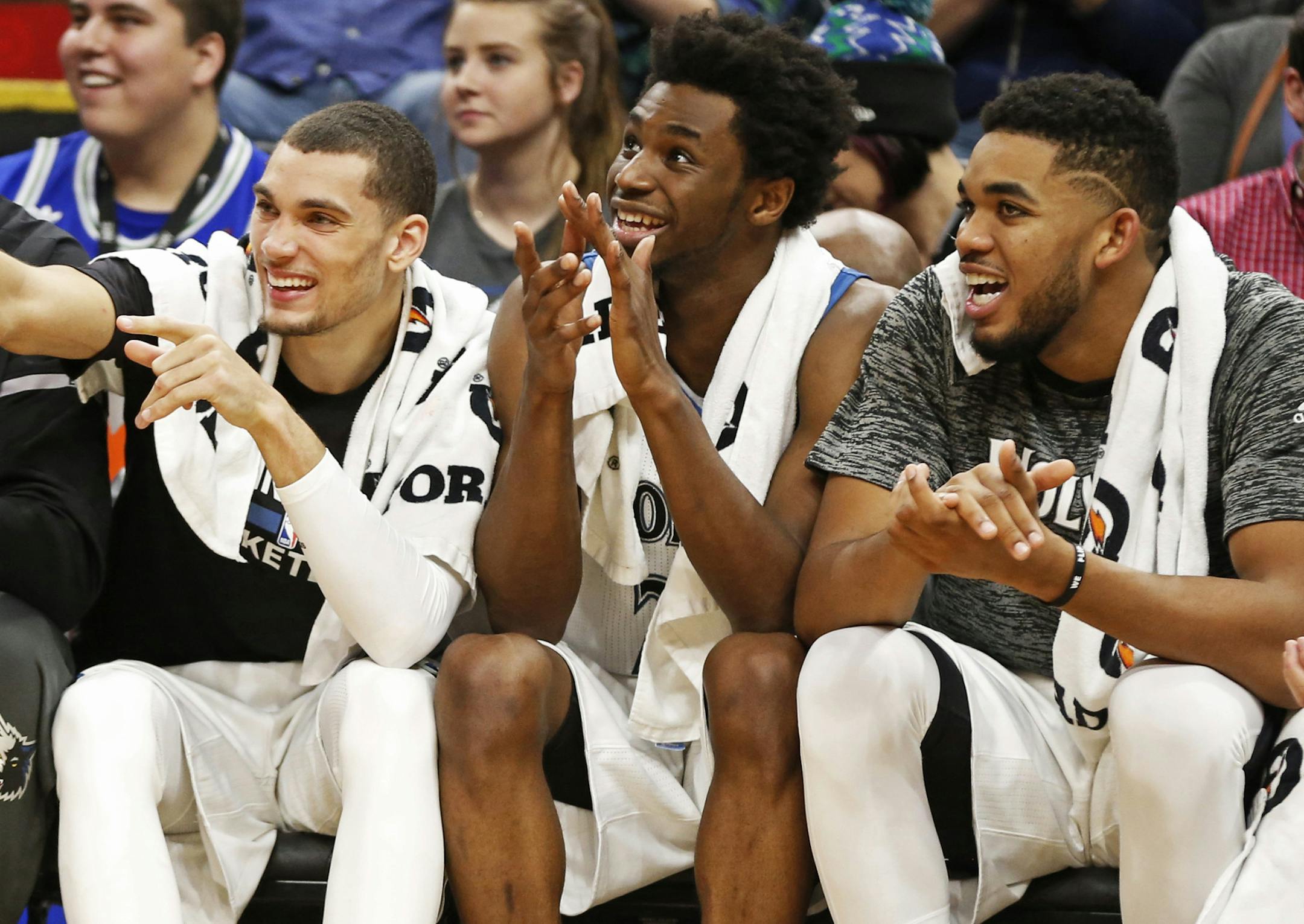 Wolves young stars (from left) Zach LaVine, Andrew Wiggins and Karl-Anthony Towns.