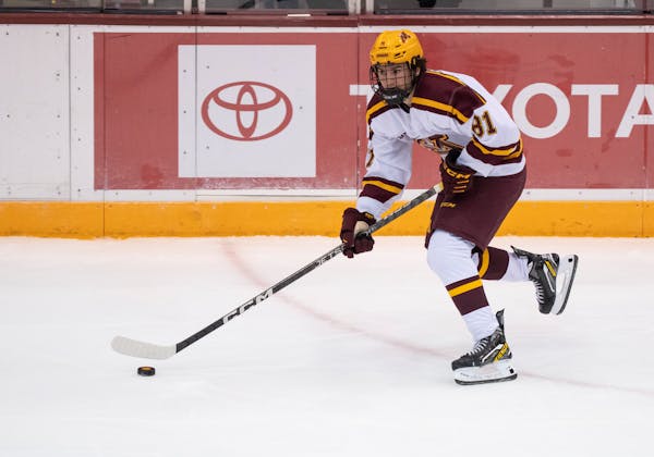 Minnesota forward Jimmy Snuggerud (81) skates with the puck in the third period. The Minnesota Gophers men's hockey hosted the Minnesota State Maveric
