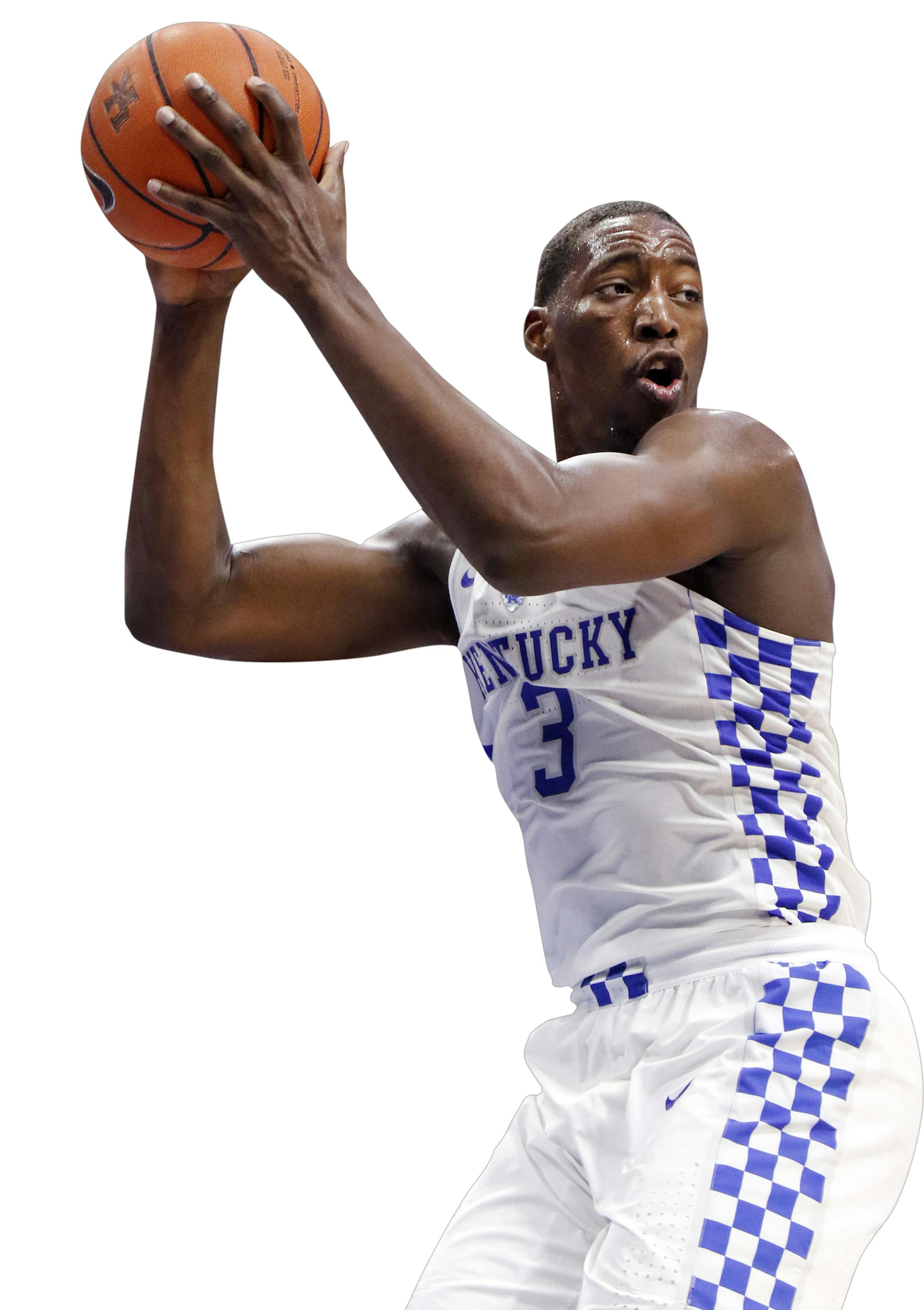 Kentucky's Edrice "Bam" Adebayo (3) pulls down a rebound near Canisius' Phil Valenti during the second half of an NCAA college basketball game, Sunday, Nov. 13, 2016, in Lexington, Ky. Kentucky won 93-69. (AP Photo/James Crisp) ORG XMIT: KYJC117