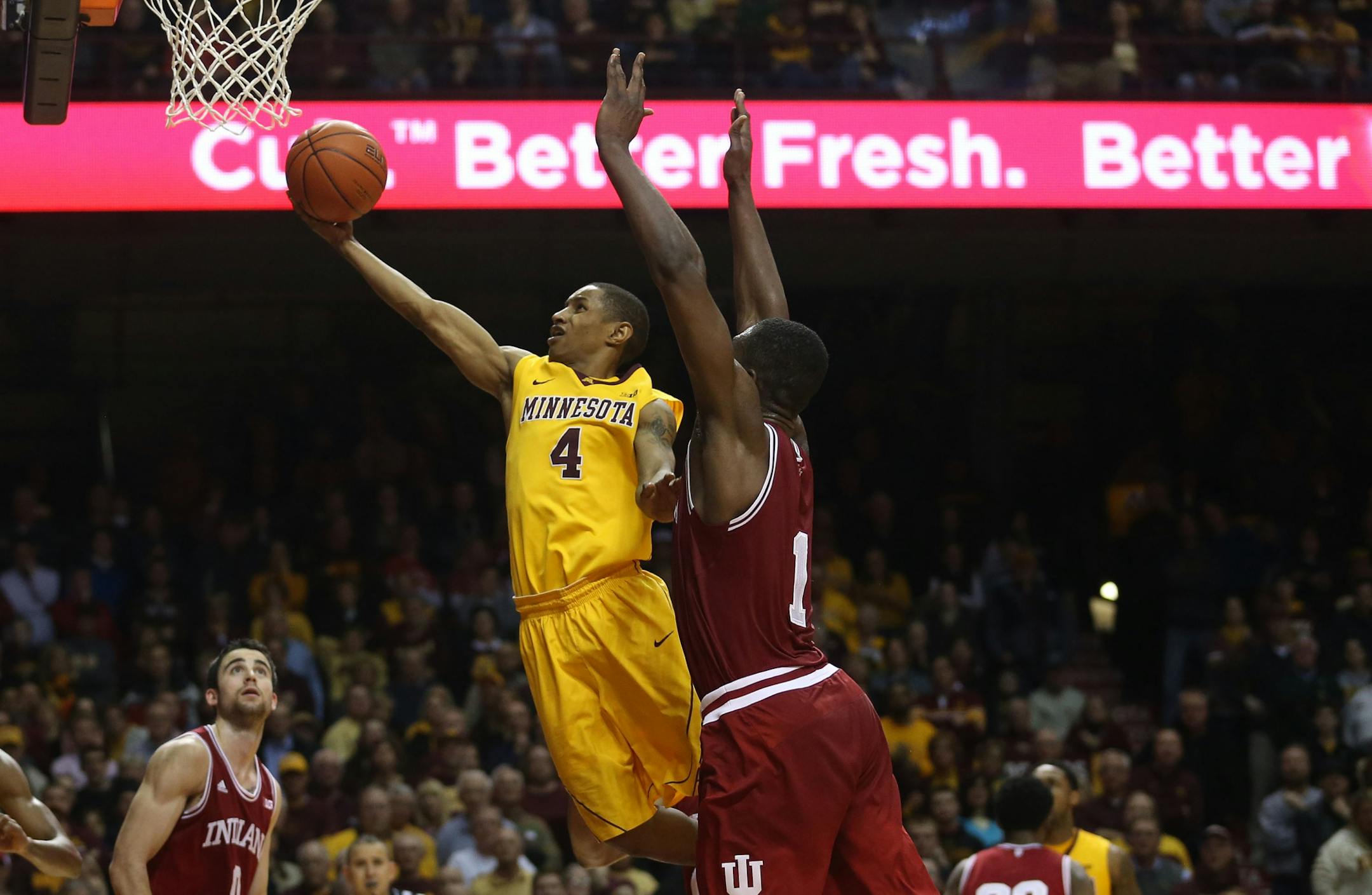 Gopher DeAndre Mathieu made a a layup giving the Gophers a four point lead during the second half at Williams Arena in Minneapolis, Saturday, February 8, 2014. Gophers beat Indiana 66-60.