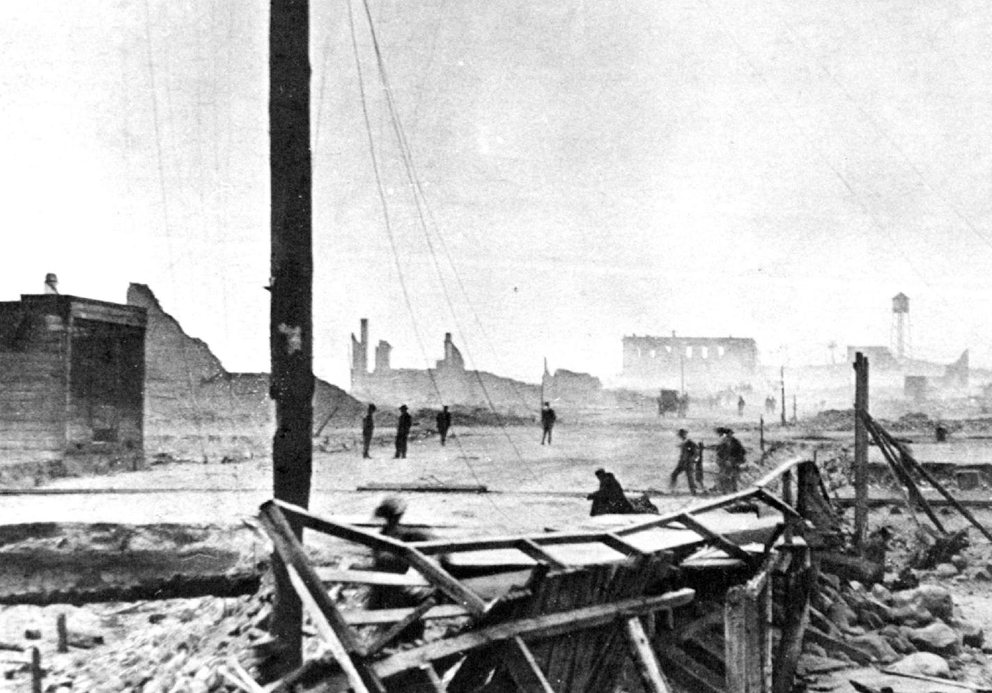 Hinckley, Minn. Fire (1894) Main street of town after the fire which swept out hundreds of lives and displaced survivors.