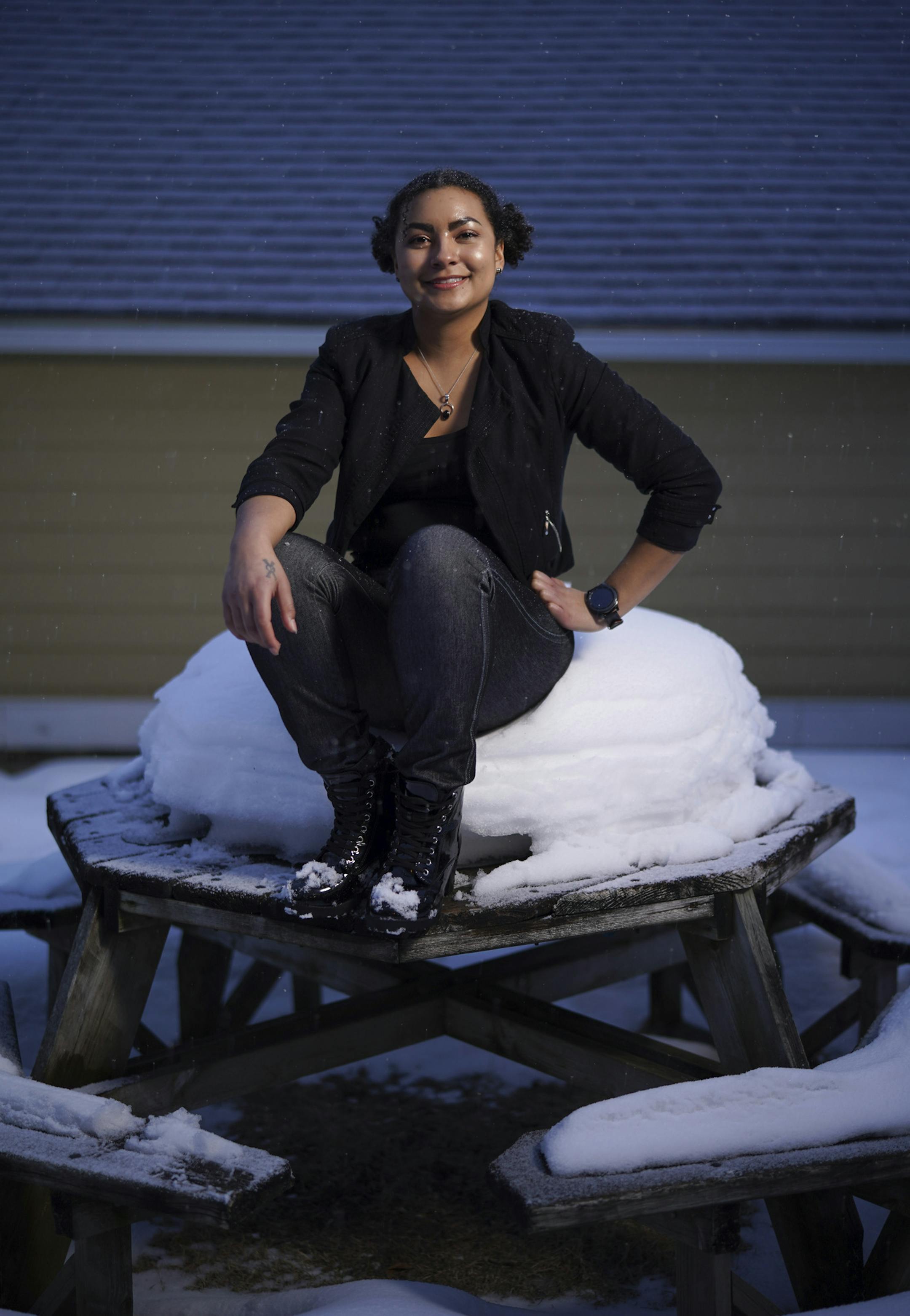 Salvia Lani in a pair of her Arctic Denim jeans in her back yard. ] JEFF WHEELER • Jeff.Wheeler@startribune.com When Salvia Lani moved to Minnesota from Hawaii she knew she had to do something to help her cope with the cold. Her line of waterproof, insulated jeans, Arctic Denim, is the result. He designed the jeans in cuts for men and women and are sewn locally. Salvia Lani was photographed Monday night, February 17, 2020 at her home in St. Paul.