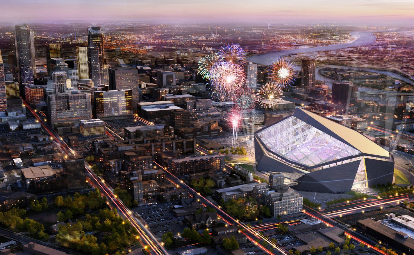 Architect rendering of new Vikings Stadium.