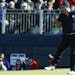 Patrick Reed of the US celebrate putting to win the 13th green during the fourball match on the second day of the Ryder Cup golf tournament at Gleneag