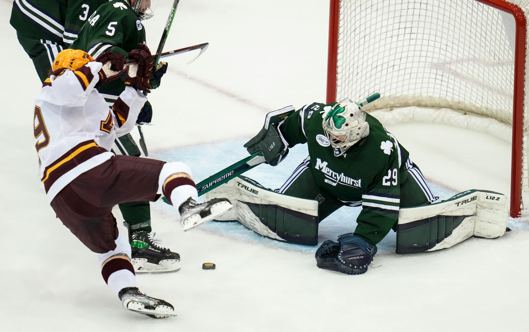 Minnesota forward Matthew Knies tripped in front of the goal during a shot attempt in the first period.