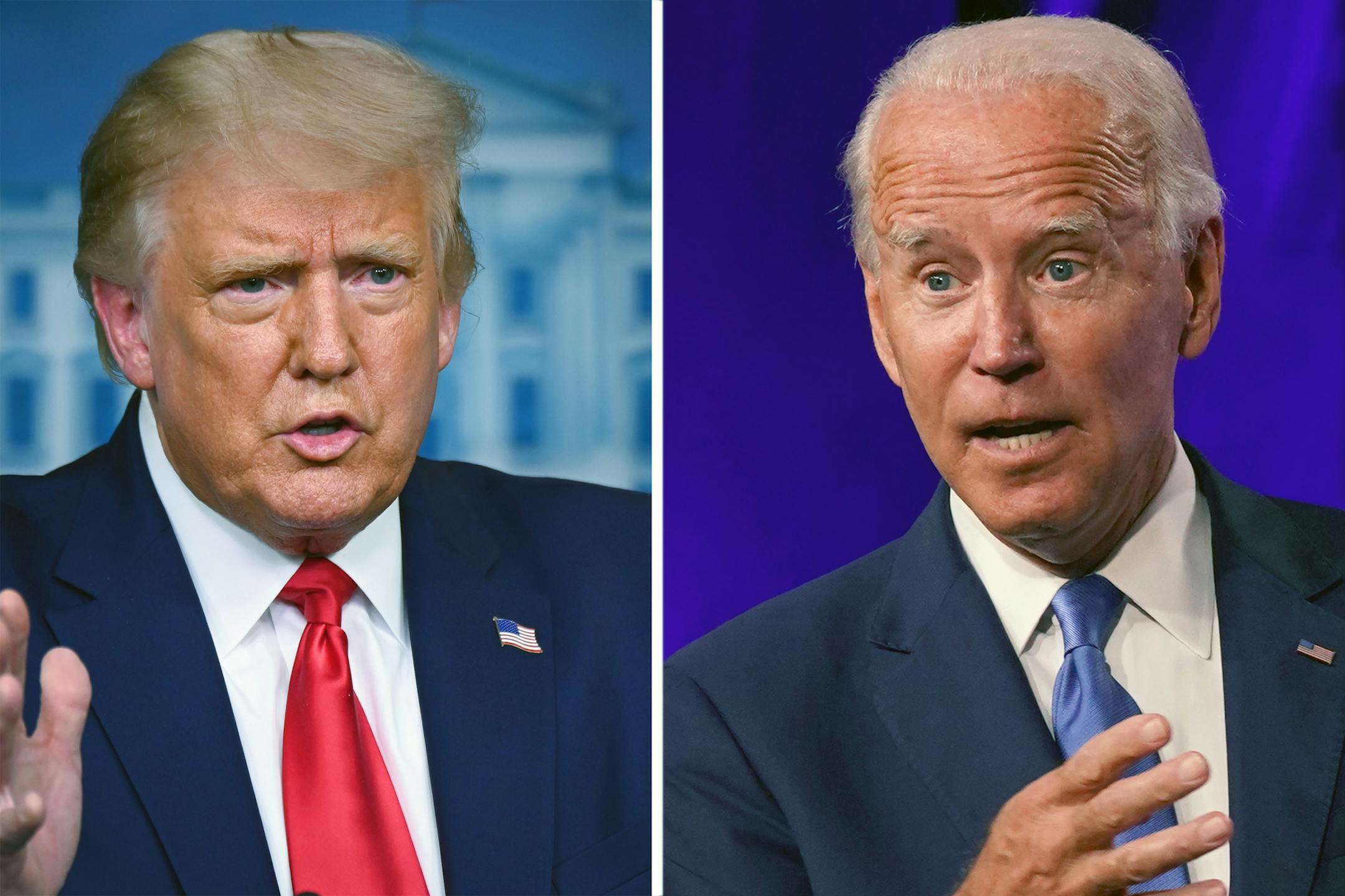 FILE -- Left: President Donald Trump speaks to reporters during a press briefing at the White House on Sept. 16, 2020. Right: Joe Biden, the Democratic presidential nominee, speaks at a news conference in Wilmington, Del., on Sept. 2, 2020. Few financial advisers are handicapping the race between President Trump and Joseph R. Biden Jr., but they are providing counsel on what taxpayers should do (or not do) to prepare for next year. (Left: Erin Scott/The New York Times; Right: Michelle V. Agins/T