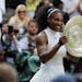 FILE - In this Saturday, July 9, 2016 file photo, Serena Williams of the U.S holds her trophy after winning the women's singles final against Angeliqu