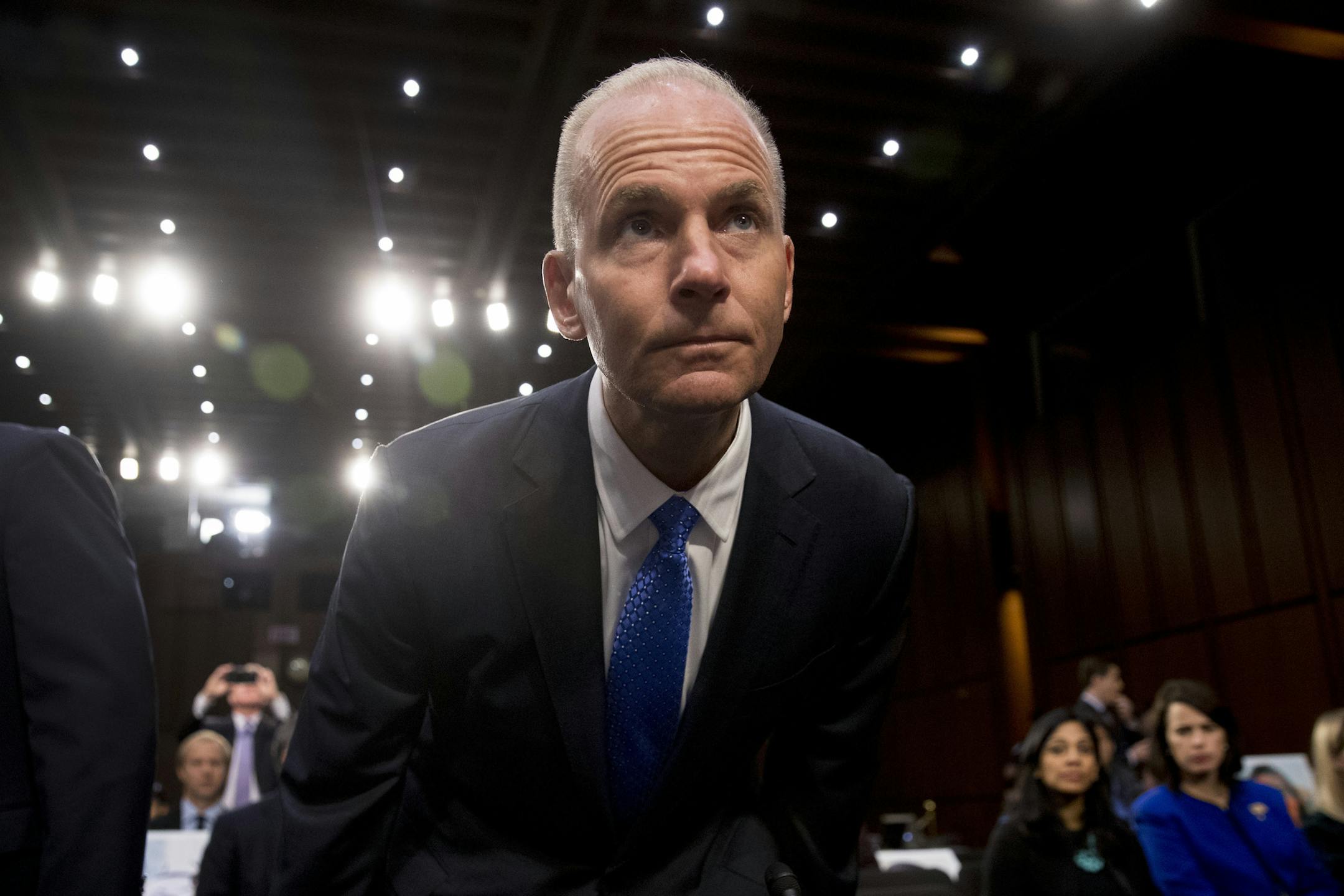Boeing Company President and Chief Executive Officer Dennis Muilenburg arrives to testify before a Senate Transportation Committee hearing on 'Aviation Safety and the Future of Boeing's 737 MAX' on Capitol Hill in Washington, Tuesday, Oct. 29, 2019. (AP Photo/Andrew Harnik)