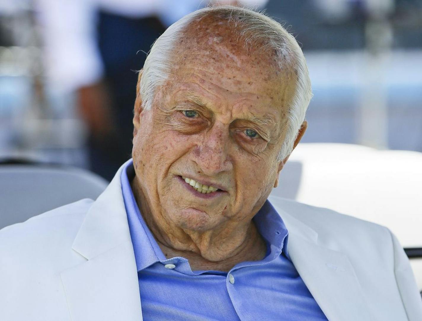 FILE - Los Angeles Dodgers former manager and Hall of Famer Tommy Lasorda attends a news conference where Baseball Commissioner Rob Manfred announced that Dodger Stadium will host the All-Star Game in 2020, in Los Angeles, in this Wednesday, April 11, 2018, file photo. The Dodgers said Sunday, Nov. 15, 2020, that their 93-year-old former manager was in intensive care and resting comfortably at a hospital in Orange County, Calif.