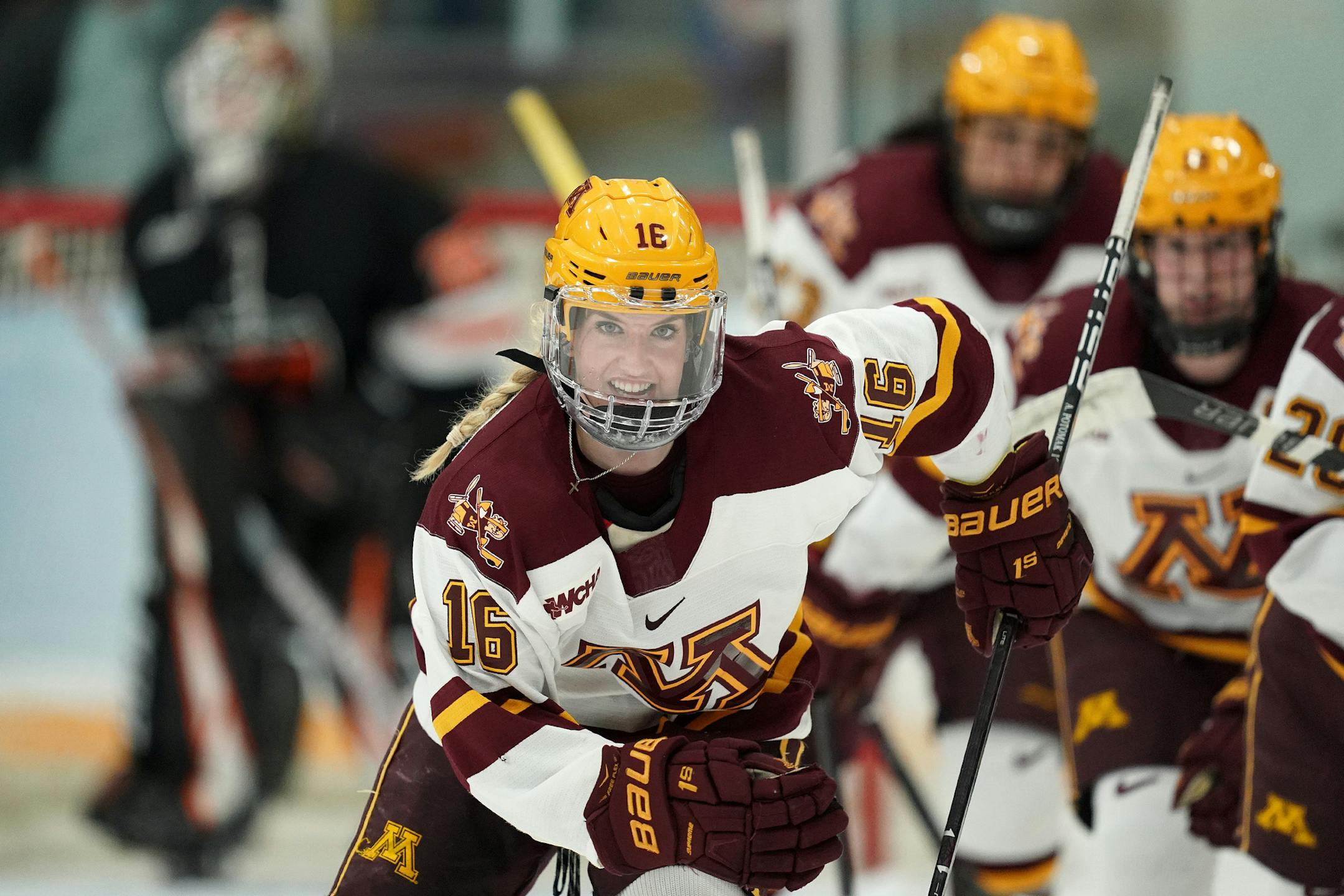 Minnesota Golden Gophers forward Amy Potomak (16) skated back to the bench with a smile to celebrate with her teammates after scoring in the first period. ] ANTHONY SOUFFLE • anthony.souffle@startribune.com The Minnesota Golden Gophers played the Princeton Tigers in an NCAA quarterfinal women's hockey game Saturday, March, 16, 2019 at Ridder Arena in Minneapolis.