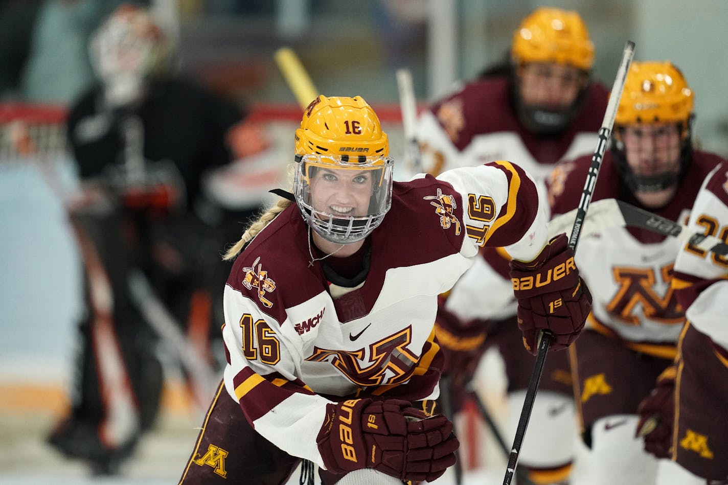 Minnesota Golden Gophers forward Amy Potomak (16) skated back to the bench with a smile to celebrate with her teammates after scoring in the first period. ] ANTHONY SOUFFLE &#x2022; anthony.souffle@startribune.com The Minnesota Golden Gophers played the Princeton Tigers in an NCAA quarterfinal women's hockey game Saturday, March, 16, 2019 at Ridder Arena in Minneapolis.